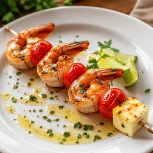 Pincho de camarón con cola, tomate cherry y queso, con aceite de hierbas y limón